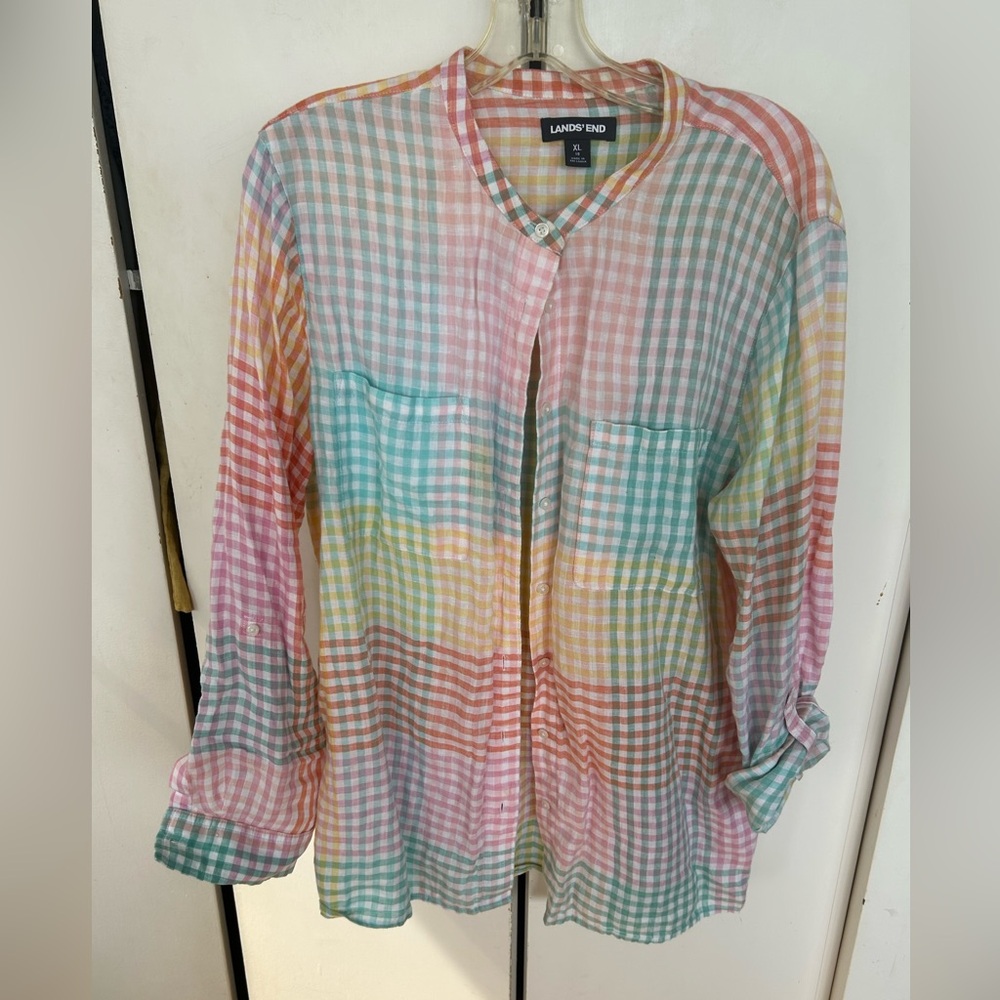 Lands' End Rainbow Gingham Blouse